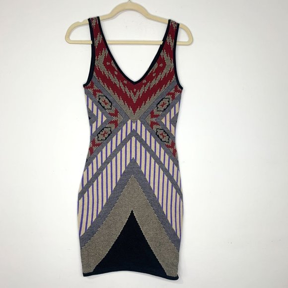 ASTR Geometric Tribal Bodycon Boho Knit Sweater Dress Sz S - Picture 2 of 8